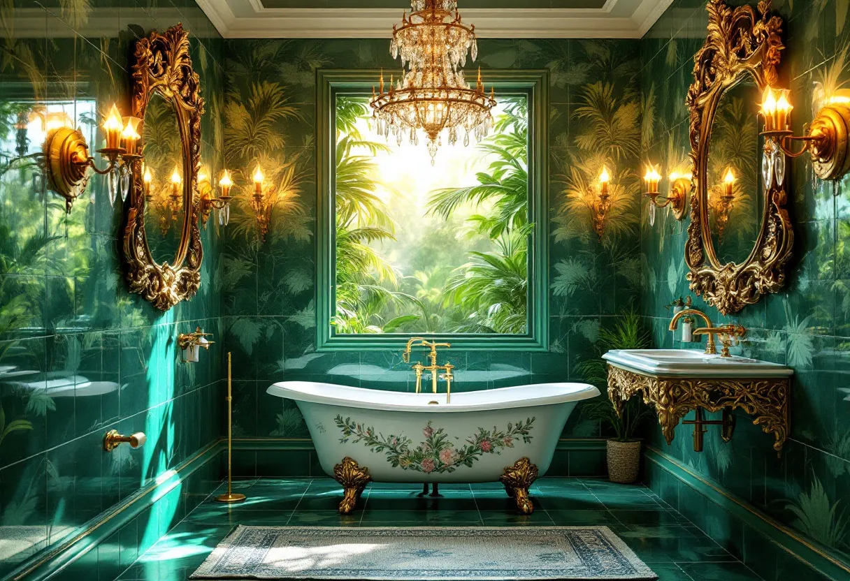 This tropical bathroom exudes an opulent yet inviting atmosphere, blending lush greenery with luxurious details. The walls are adorned with rich green tiles that reflect a sense of serene nature, enhanced by the intricate wallpaper depicting tropical foliage. The centerpiece of the room is a classic clawfoot bathtub, elegantly embellished with floral motifs, resting majestically on ornate gold feet. A large window bathes the room in natural light, offering a breathtaking view that seamlessly integrates the indoors with the vibrant hues of an exotic jungle outside.
The ambiance is elevated by the sophisticated lighting fixtures, including twin gilded wall sconces and a stunning crystal chandelier. These elements cast a warm, inviting glow that complements the golden accents throughout the space. A beautifully crafted, ornate mirror hangs above a stylishly detailed washbasin, contributing to the bathroom's sophisticated flair. The combination of lavish decor and natural motifs creates a harmonious and rejuvenating environment, perfect for unwinding in a tropical paradise.