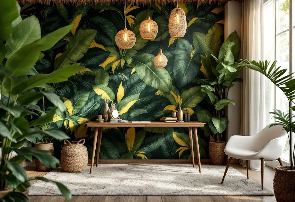 This tropical office captures a serene and inviting ambiance, drawing the essence of a lush rainforest into an indoor setting. The striking wallpaper behind the desk features a vibrant array of green and yellow leaves, creating a lively backdrop that immediately transports one to a tropical paradise. The natural lighting filtering through the semi-transparent white curtains enhances the space, casting a warm glow that complements the greenery. Overhead, woven pendant lights hang, adding an organic texture that contributes to the room's relaxed and earthy vibe.
The furnishings bring together style and simplicity, with a smooth wooden desk adorned with minimalistic decor, including a few books and artistic pieces. A modern white chair with wooden legs is strategically placed to provide comfort while maintaining the room's clean lines. Potted plants strategically positioned around the office enhance the tropical theme, infusing the space with life and freshness. A soft, neutral-toned rug covers the wooden floor, balancing the room's vibrant elements. Overall, this tropical office achieves a harmonious blend of natural aesthetics and modern functionality.