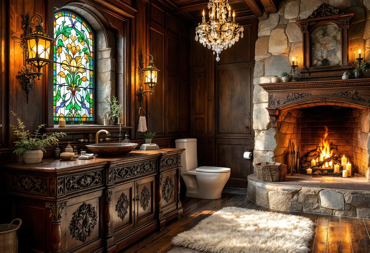 This Tudor bathroom exudes a rich, historical charm with its earthy wooden paneling and intricately carved cabinetry. The deep brown tones of the woodwork lend an opulent air, enhanced further by the warm glow of a chandelier overhead. Providing both function and aesthetics, the sink is set into an ornately crafted wooden vanity, complemented by antique fixtures that blend seamlessly with the Tudor design. A stained-glass window with vibrant colors filters in natural light, casting soft hues across the room and highlighting the craftsmanship and detail within the space.
Adding to the cozy, medieval ambiance is a grand stone fireplace, its warmth accentuated by the flickering flames and surrounding candles. The stonework of the fireplace connects harmoniously with the wooden elements, embodying a rustic elegance typical of Tudor styling. On the floor, a plush rug adds a touch of modern comfort, inviting relaxation. The overall atmosphere is one of luxurious comfort and old-world sophistication, making the bathroom not just a utilitarian space, but a retreat steeped in history and style.