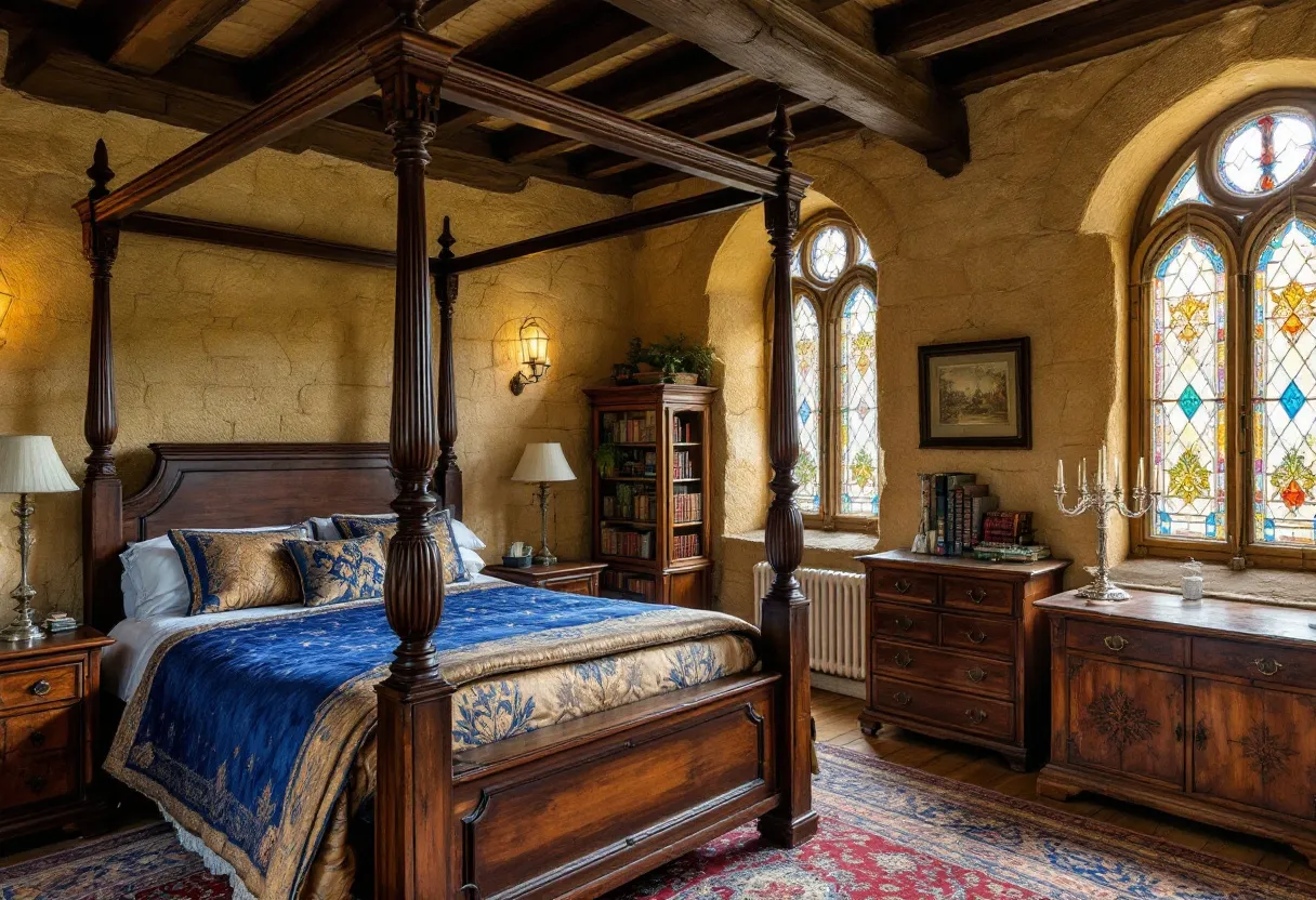 This Tudor bedroom exudes a rich historical ambiance, characterized by elegant, dark wooden furniture and elaborate architectural details. The centerpiece is a grand four-poster bed, adorned with sumptuous blue and gold bedding, which hints at both comfort and opulence. The intricately carved bedposts and headboard reflect the craftsmanship typical of the Tudor period. The ceiling features exposed dark wooden beams, adding a rustic charm and authenticity to the room’s design.
The room is illuminated by the warm glow of candle-style wall sconces, enhancing its cozy and inviting atmosphere. Beautiful stained-glass windows allow natural light to stream in, casting colorful patterns across the room. A collection of books is neatly arranged on a wooden shelf, and rich rugs in muted tones cover the hardwood floor. The overall design combines elements of luxury and tradition, making this Tudor bedroom a perfect blend of comfort and historical elegance.
