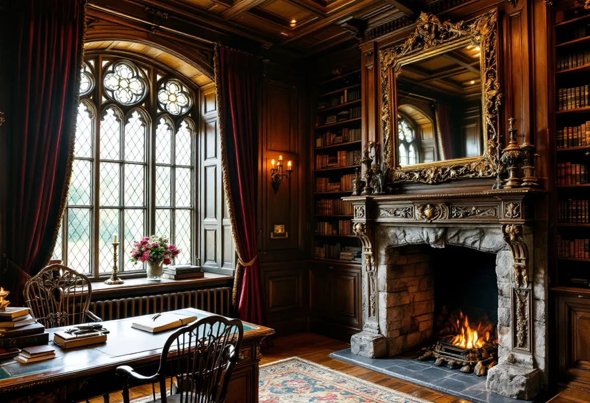 This Tudor office exudes a sense of timeless elegance, featuring rich wood paneling and a coffered ceiling that add depth and character to the space. The large, leaded glass windows allow natural light to cascade into the room, casting gentle reflections on the dark wood and highlighting the intricate carved details. The windows are adorned with heavy, luxurious drapes, which contribute to the overall warmth and coziness of the office. A well-appointed desk sits near the window, scattered with books and papers, suggesting an atmosphere of scholarly pursuit and intellectual engagement.
The focal point of the room is an ornate stone fireplace, crowned with an elaborately gilded mirror. The fireplace, with its detailed carvings, provides a majestic centerpiece that anchors the room while offering a source of warmth and inviting ambiance. Flanking the fireplace are shelves filled with a vast collection of books, underscoring a love for literature and history. The sumptuous Persian-style rug on the hardwood floor adds another layer of opulence, complementing the plush, warm tones of the room, making it an ideal setting for contemplation and study.