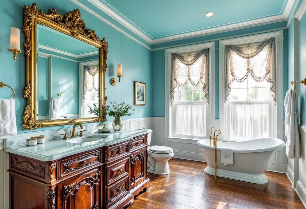 This Victorian bathroom exudes elegance and charm with its intricate design details and lavish decor. The centerpiece is a grand, ornately carved wooden vanity, topped with a polished marble countertop, which adds a sense of luxury. Above the vanity is a large, gilded mirror with an elaborate frame that reflects the room’s opulence. The walls are painted in a serene blue, providing a calming backdrop that complements the rich brown of the wooden elements. Sconces on either side of the mirror introduce a warm glow, enhancing the vintage ambiance of the space.
The room features a classic claw-foot bathtub, perfectly placed by the windows, inviting relaxation. The windows are adorned with exquisite lace curtains that allow natural light to filter through softly, creating a light and airy feel. The flooring is a beautifully finished hardwood, adding warmth and continuity throughout the bathroom. Overall, the design harmoniously blends functionality with a style that is quintessentially Victorian, offering a peaceful, luxurious retreat.