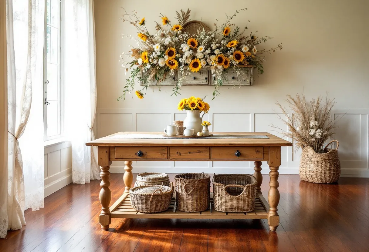 This vintage dining room exudes a warm and inviting ambiance, characterized by its natural, rustic elements. The focal point is a sturdy wooden farmhouse table, with turned legs and a smooth, polished surface. Above it, an elegant display of sunflowers and white blooms is arranged in a hanging planter, adding a burst of color and a fresh, organic touch to the space. This floral arrangement complements the room's neutral tones, creating a harmonious and lively atmosphere.
The dining room's charm is enhanced by its thoughtful details, such as the lace curtains that drape softly beside the windows, allowing ample natural light to flood the room. Below the table, several woven baskets neatly stored on a lower shelf offer both functionality and aesthetic appeal. A large wicker basket filled with dried grasses sits to the side, adding texture and reinforcing the vintage, countryside aesthetic of the room. This space blends simplicity with elegance, making it an ideal setting for cozy gatherings.
