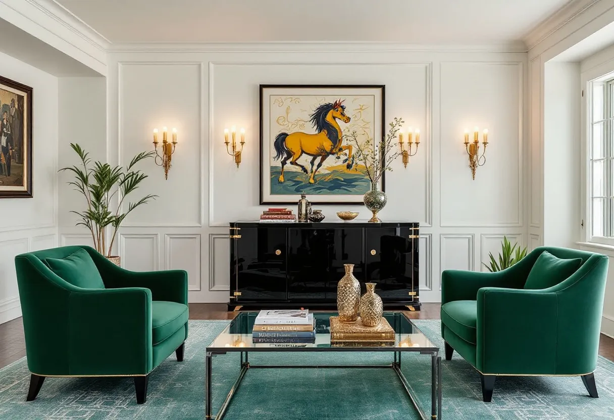 This vintage living room exudes an air of elegance and sophistication, characterized by its tasteful blend of classic decor and rich colors. The deep green armchairs, upholstered in plush fabric, offer a luxurious seating option and stand out against the crisp white walls adorned with intricate paneling. A gracefully patterned area rug in complementary shades adds warmth and texture beneath a sleek glass coffee table. The gold accents on the furnishings, including two decorative vases on the coffee table, enhance the room's luxurious ambiance.
On one side of the room, a striking piece of artwork depicting a horse is prominently displayed above a polished black sideboard, adding a sense of drama and artistic flair. The sideboard is flanked by elegant wall sconces, casting a warm, inviting glow throughout the space. Touches of greenery from potted plants bring a refreshing, natural element, balancing the room's opulent style with a touch of earthiness. This vintage living room perfectly captures a timeless aesthetic, where traditional elements meet subtle modern flair.