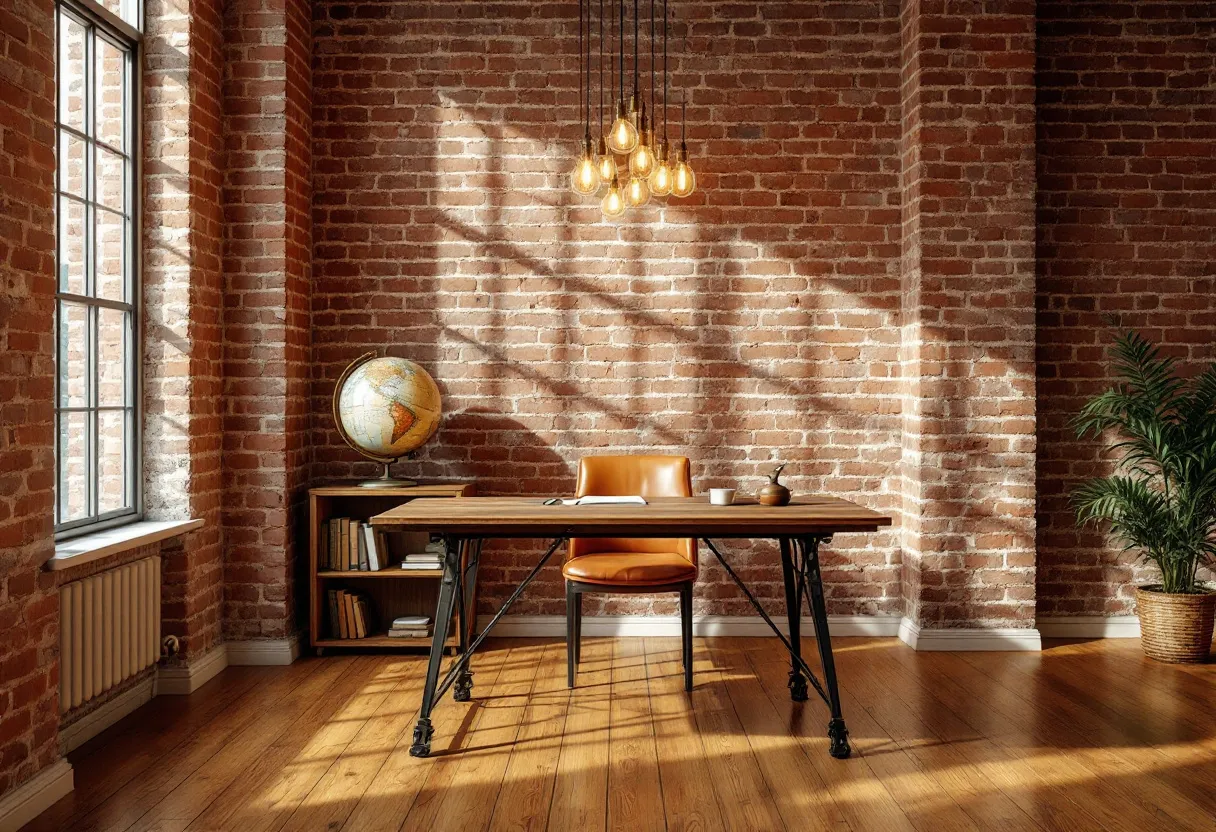 This vintage office exudes a sense of warmth and character, highlighted by its exposed brick walls and wooden flooring. At the center is a sturdy, wooden desk with a sleek, minimalist design, complemented by an elegant leather chair. The earthy tones and textures create a harmonious environment, with sunlight filtering through a large window, casting soft shadows that add depth and contrast to the room. A collection of warm-toned hanging lights illuminates the space, enhancing the cozy and inviting atmosphere.
Adjacent to the desk is a simple bookshelf, neatly organized with a selection of books and a classic globe, evoking a sense of intellectual curiosity and timelessness. A potted plant in the corner adds a touch of greenery, bringing a breath of fresh air and life into the room. This office seamlessly blends vintage charm with functional elements, creating an inspiring and serene workspace.